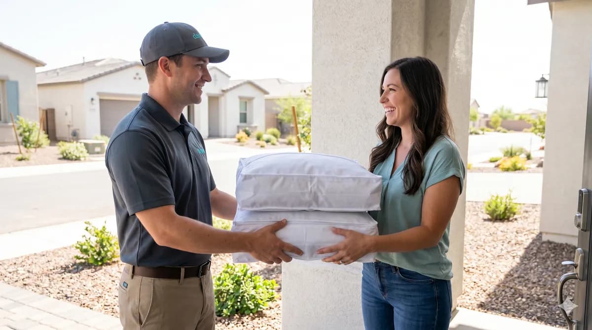 Driver delivering clean folded laundry to customer