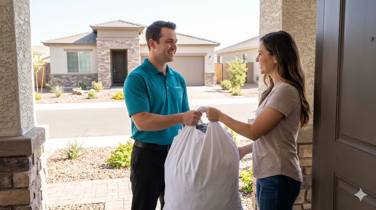 Driver in teal polo collecting laundry bag from customer