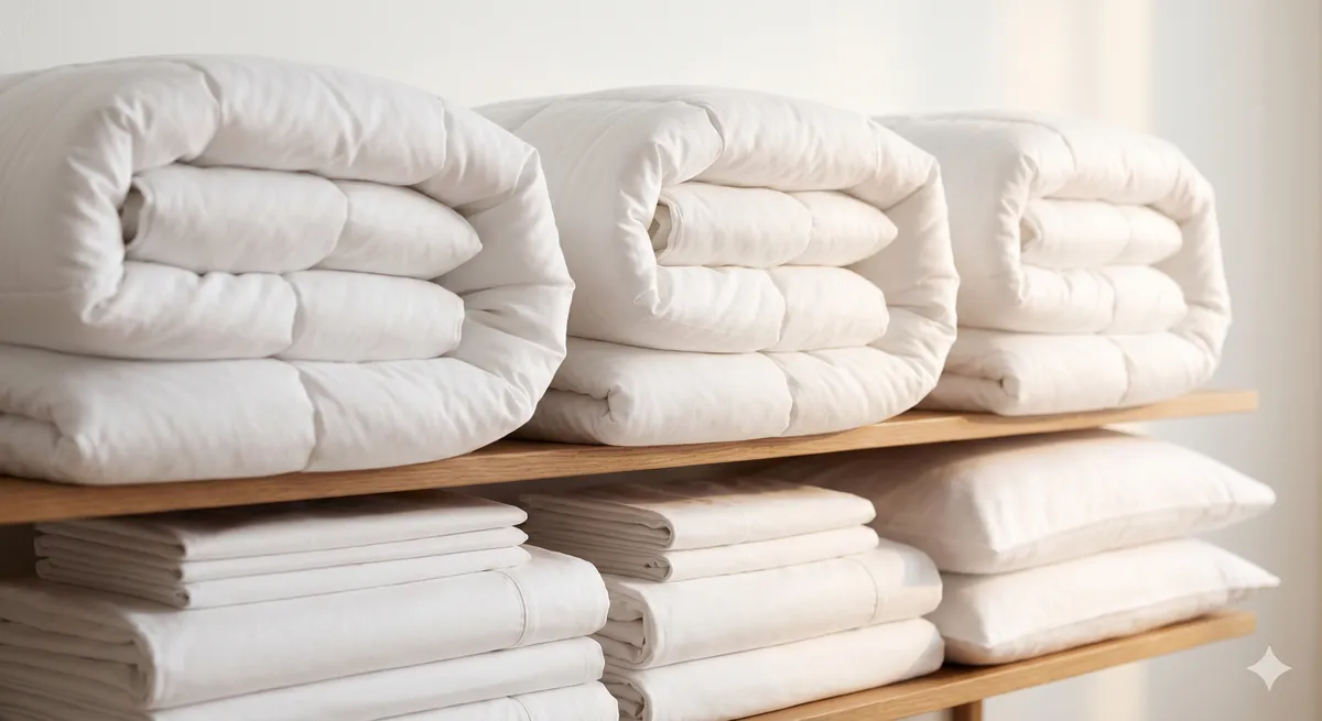 White comforters and sheets folded on shelf