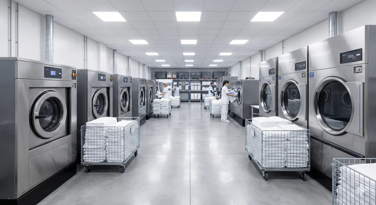 Industrial washers and dryers in commercial laundry facility
