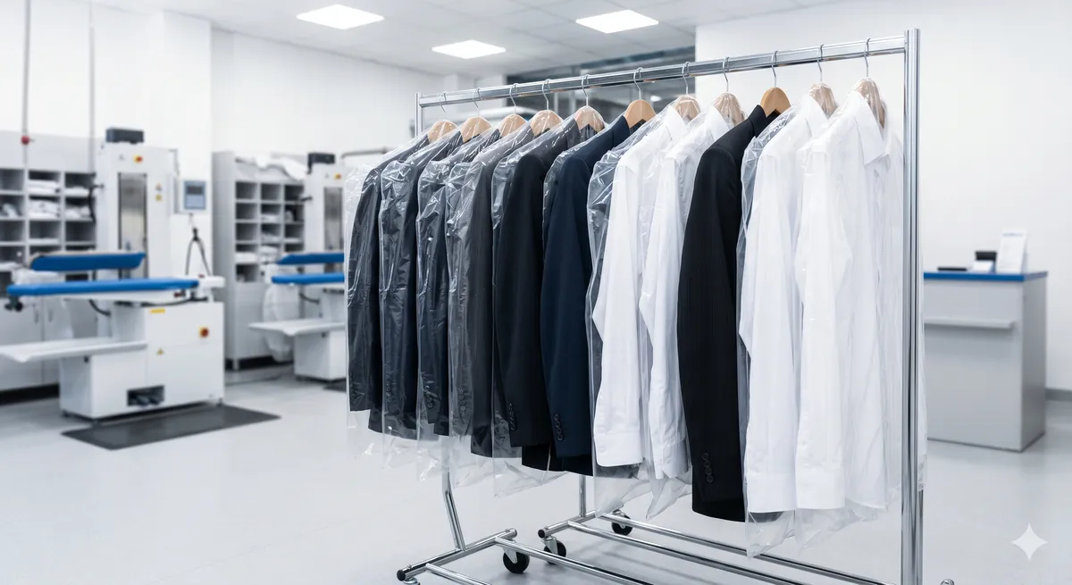 Shirts and suits on a rack in dry cleaning facility