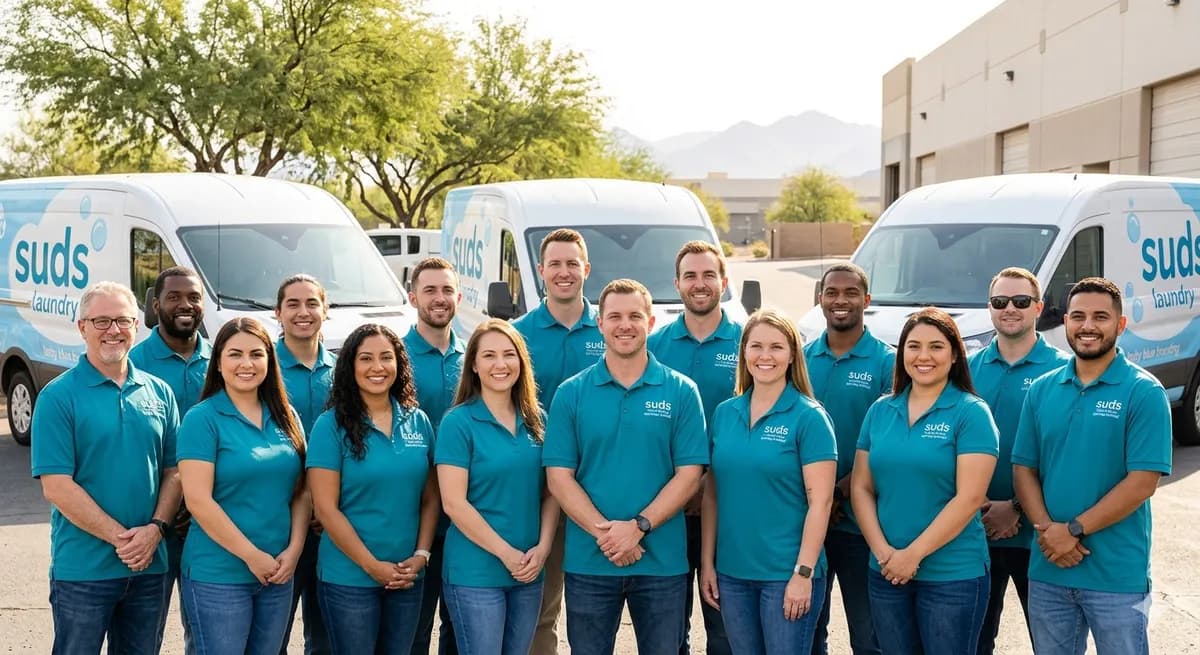 Suds Laundry crew in teal polo shirts standing by delivery vans
